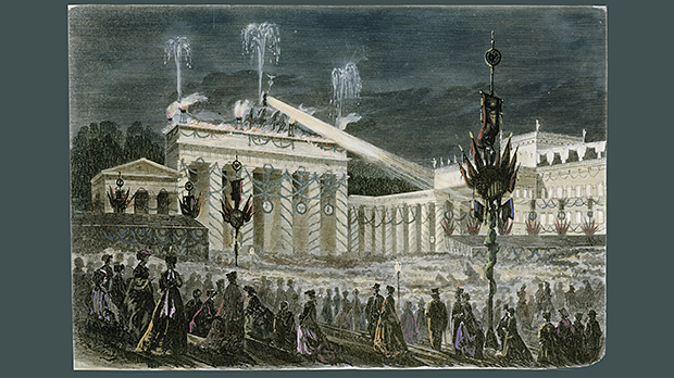 „Das Triumphfest in Berlin – Die Illumination des Brandenburger Tores am Abend des 16. Juni 1871“. Farbiger Holzstich nach einer Zeichnung von E. Wilberg. © bpk, Bild-Nr. 00003656