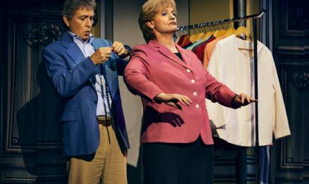 Der Blazer sitzt. Jetzt fehlt nur noch die Kette. Von li.: Tobias Bonn als Joachim Sauer, Christoph Marti als Miss Merkel. Foto: Franziska Strauss